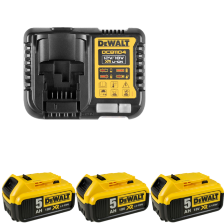 Set 3 acumulatori 18V cu 5Ah si incarcator DeWalt DCB1104P3