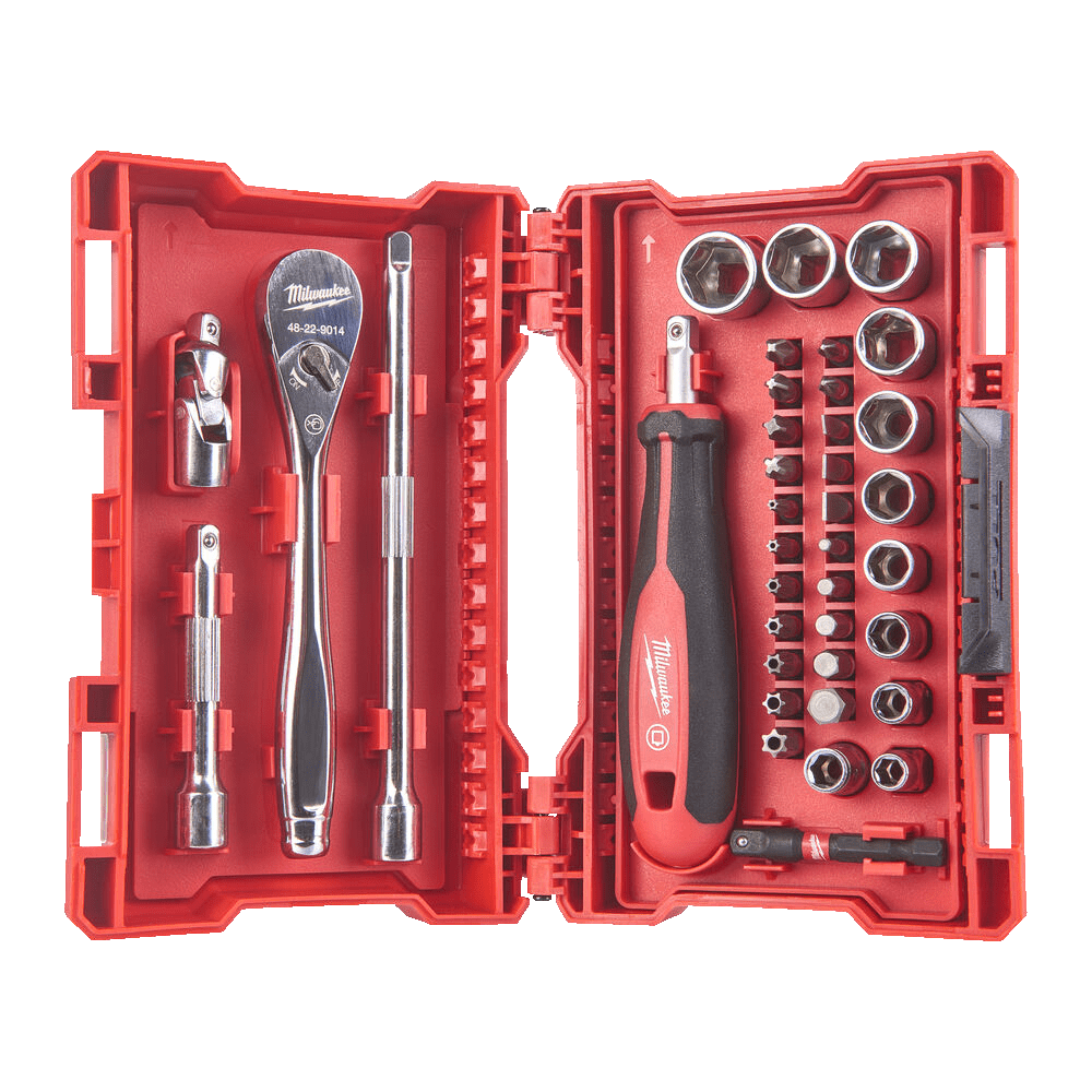 Set chei tubulare si antrenor clichet 38 de piese Milwaukee Set chei tubulare si antrenor clichet 38 de piese Milwaukee