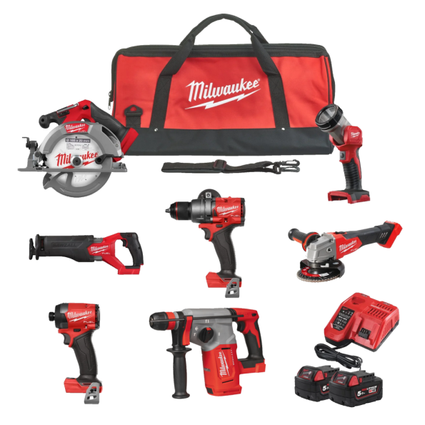 Set 7 scule cu 2 acumulatori Milwaukee M18 FPP7D-502B