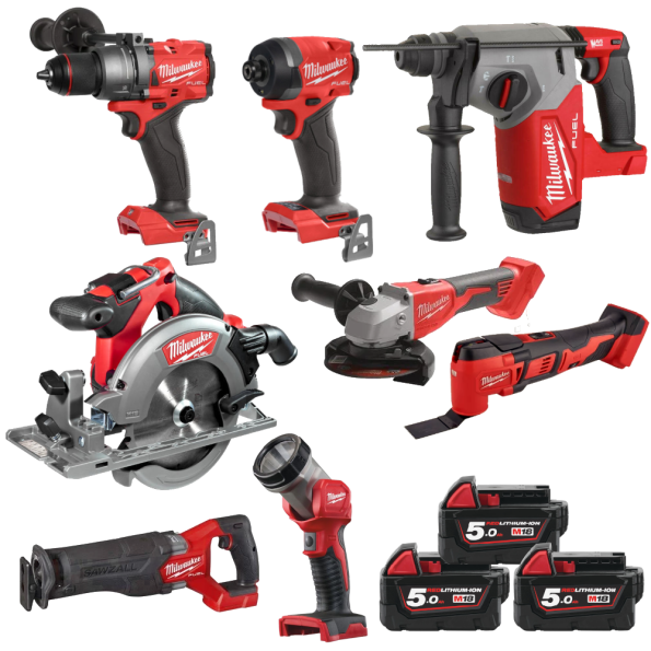 Set 8 scule cu 3 acumulatori Milwaukee M18 FPP8B-503B