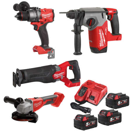 Set 4 scule cu 3 acumulatori Milwaukee M18 FPP4F-503B