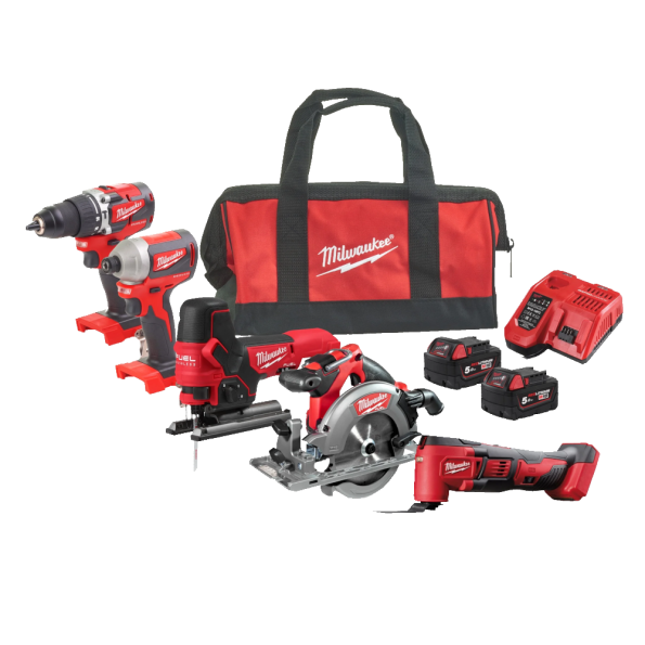 Set 5 scule cu 2 acumulatori Milwaukee M18 FPP5K-502B